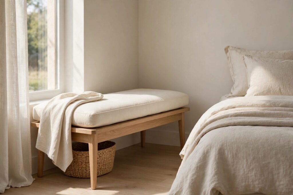 Light oak bench with a cream cushion and draped blanket beside a linen bed in a sunny corner