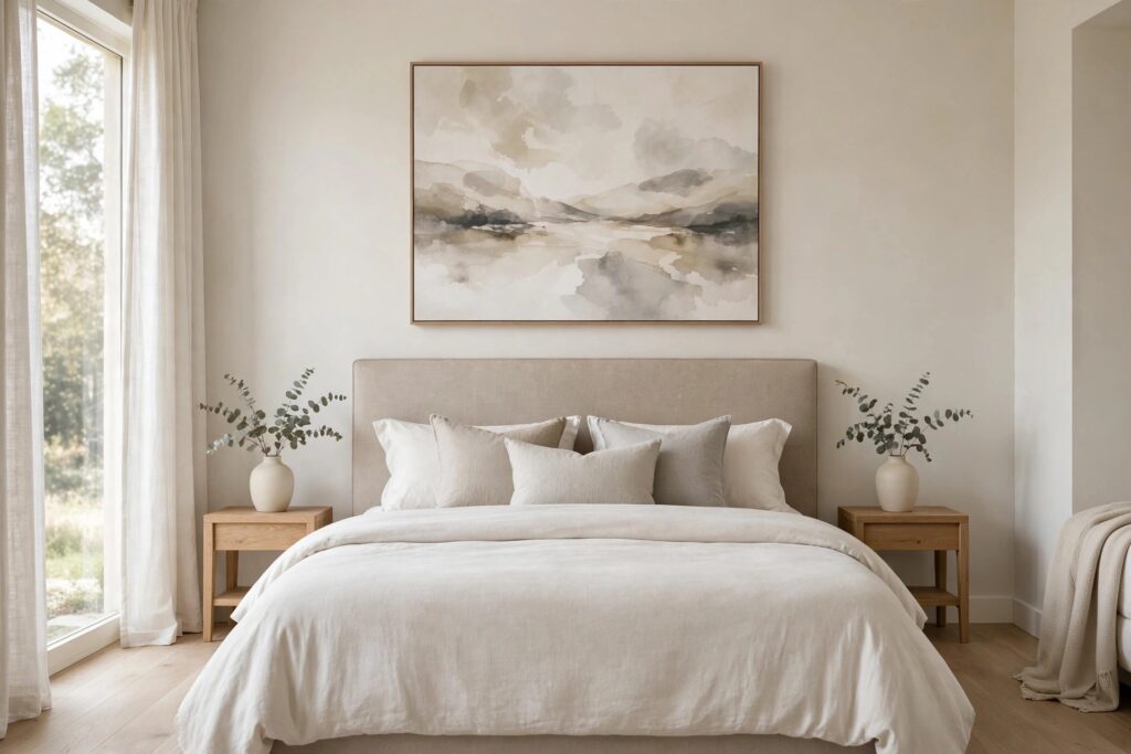 Large abstract landscape painting in beige and gray above a beige bed with matching vase nightstands