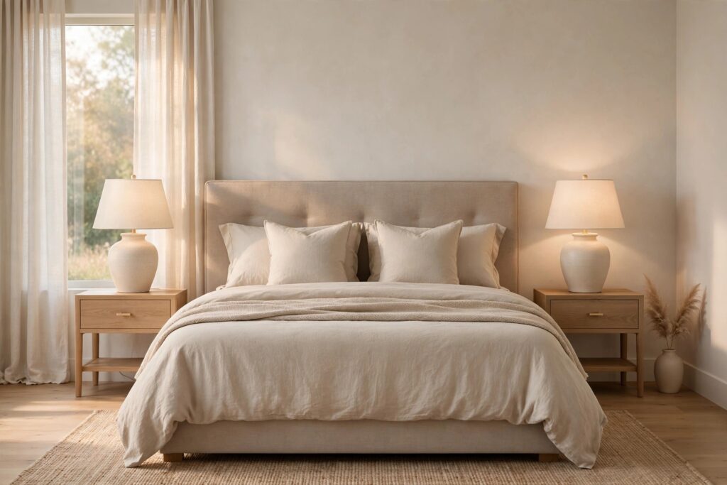 Beige bed between two matching wood nightstands with lit ceramic lamps in warm light