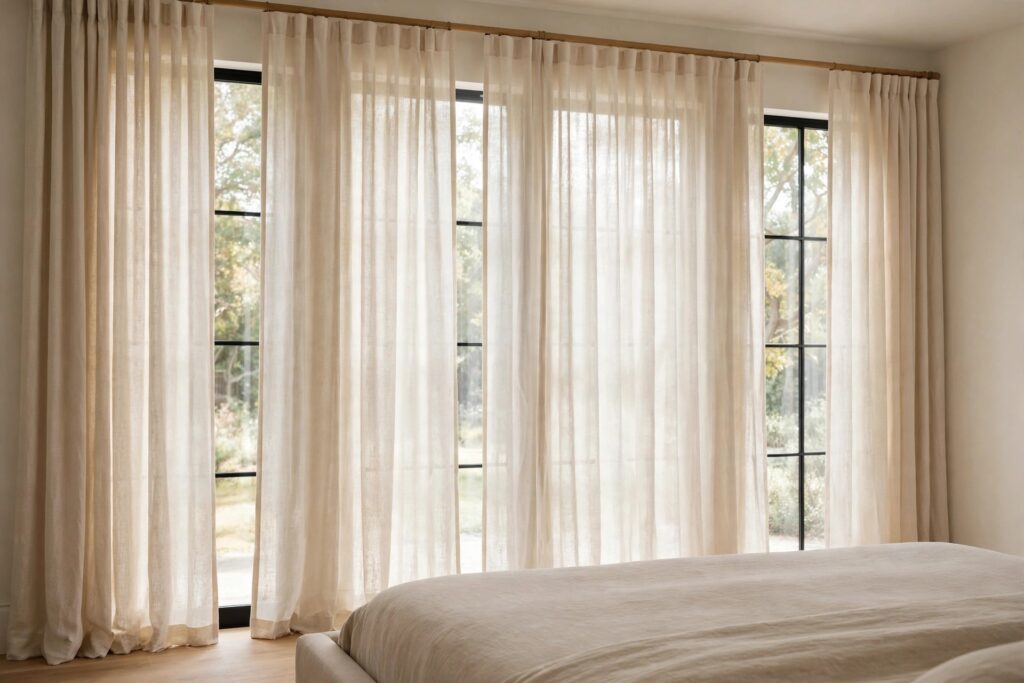Floor length warm off white linen curtains on a high rod across tall bedroom windows