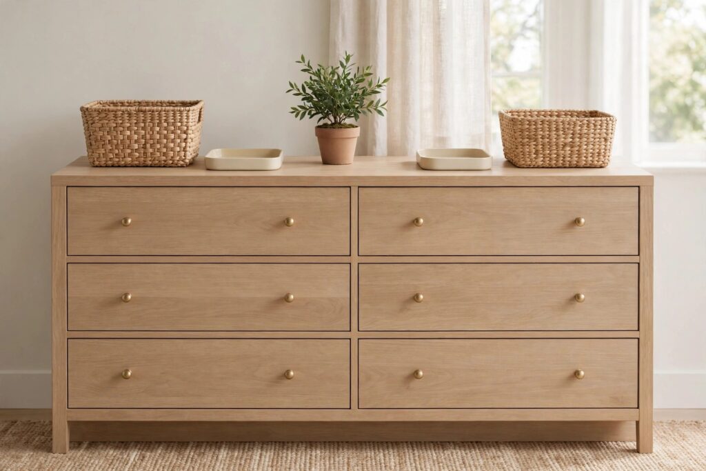 Light wood six drawer dresser with two woven baskets, two cream trays and a potted plant in the center