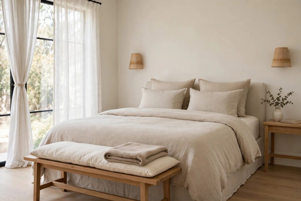Wood bench with a cream cushion and a folded taupe throw at the foot of a beige bed