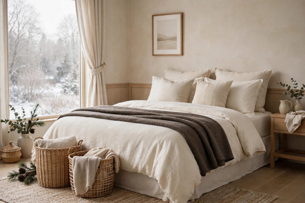 Winter styled cream bed with a deep taupe throw and woven baskets holding folded blankets, snow visible outside