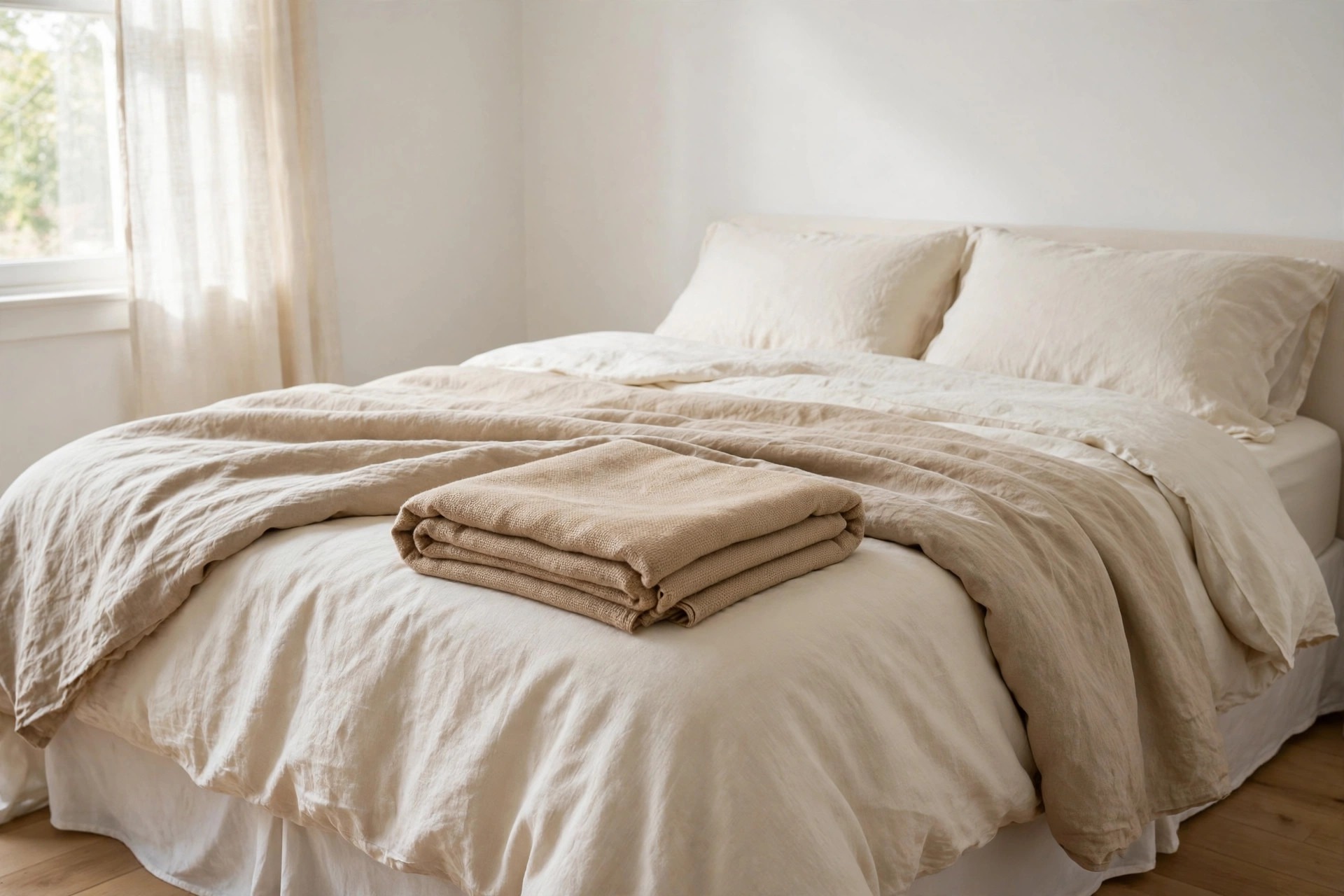 Bed layered with cream sheets, oat duvet and a folded sand blanket on top in soft window light