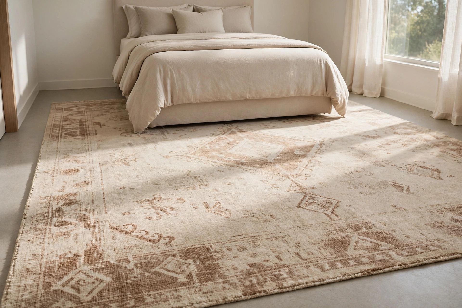 Large faded cream and sand patterned rug covering most of the floor in front of a beige bed