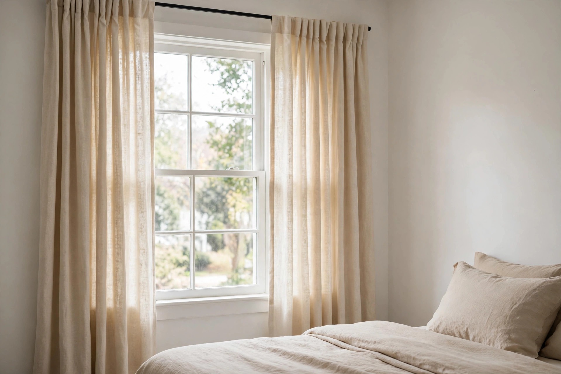 Long warm cream linen curtains framing a tall bedroom window beside a beige bed