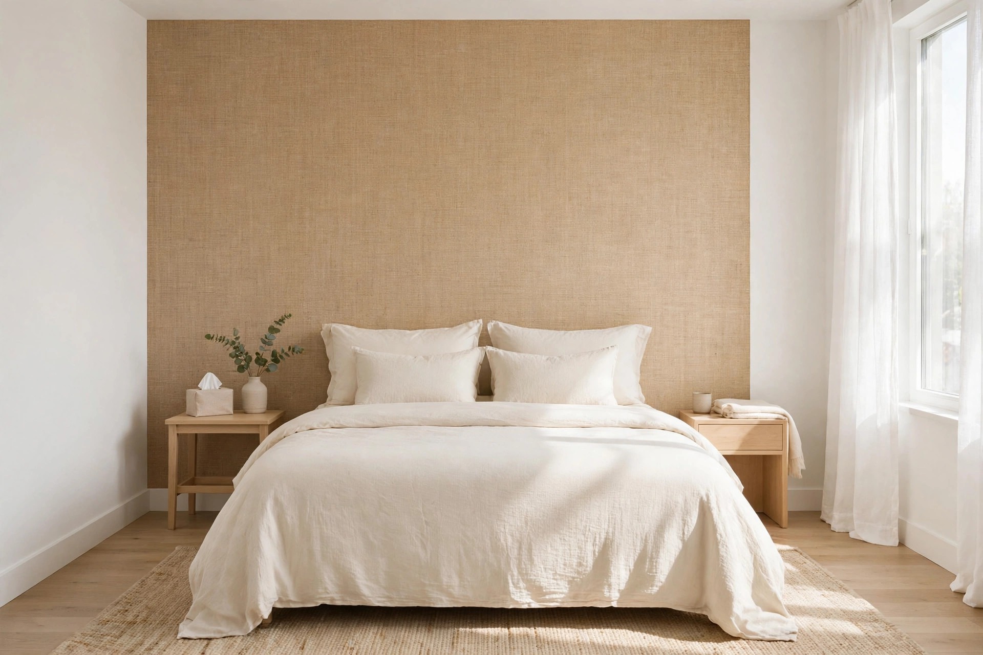 Sand grasscloth look panel covering the wall behind a cream bed, with white walls on both sides
