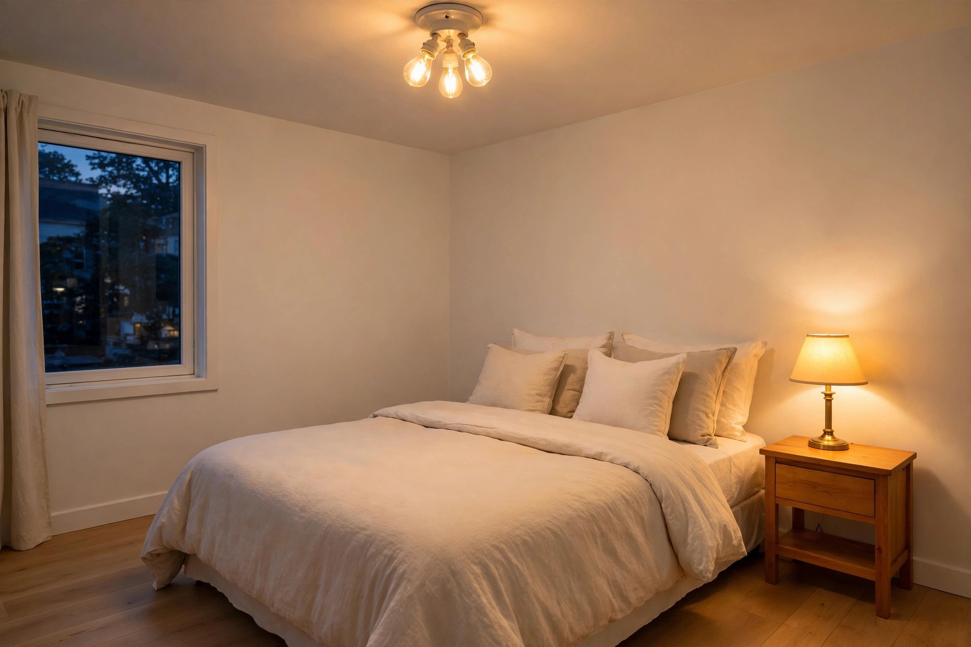 Bedroom at dusk lit by warm glowing bulbs in a ceiling fitting and a lamp on a wood nightstand