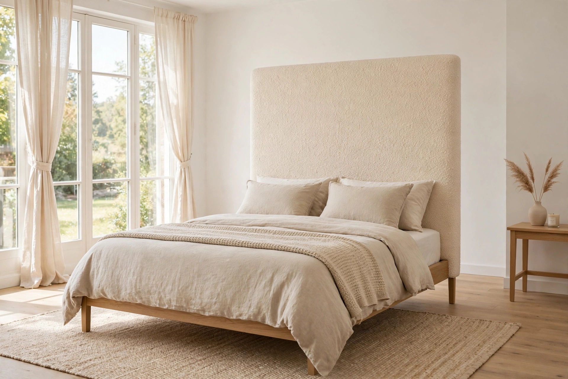 Tall warm cream boucle headboard behind oat bedding on a light wood bed frame