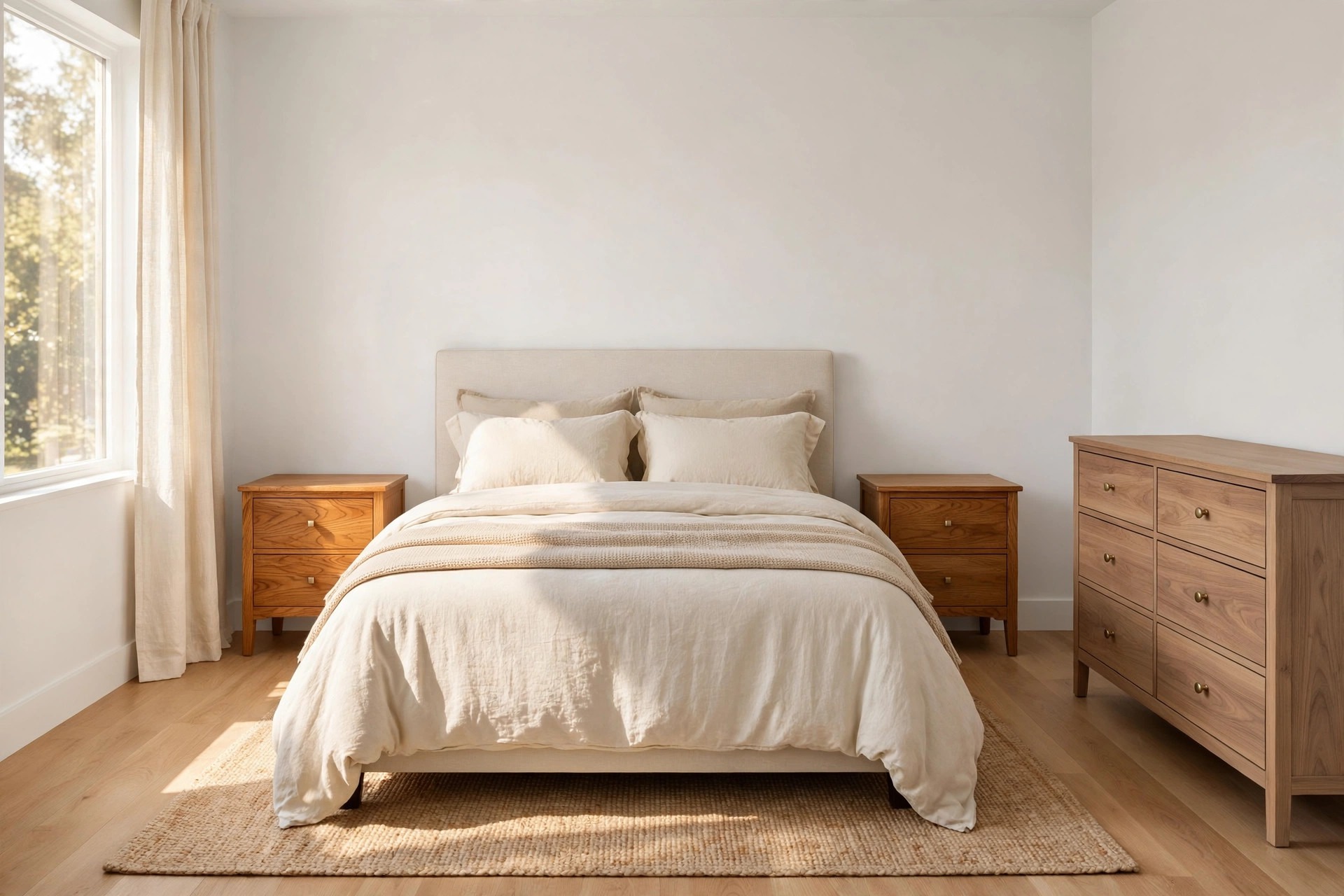 Beige bedroom with honey oak nightstands and a walnut dresser beside a cream bed