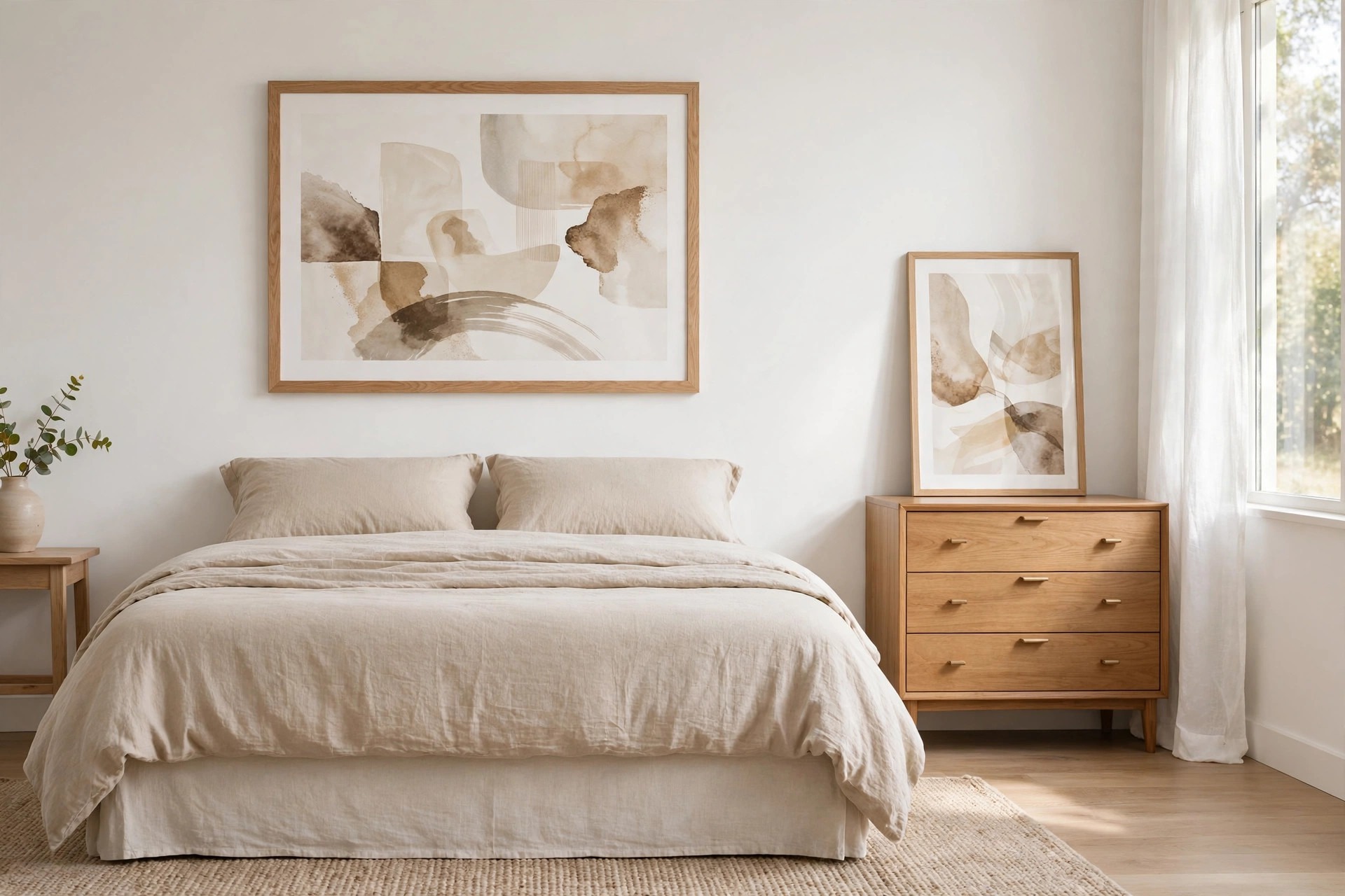 Large abstract print in sand and brown in an oak frame above a beige bed, with a second print leaning on an oak dresser