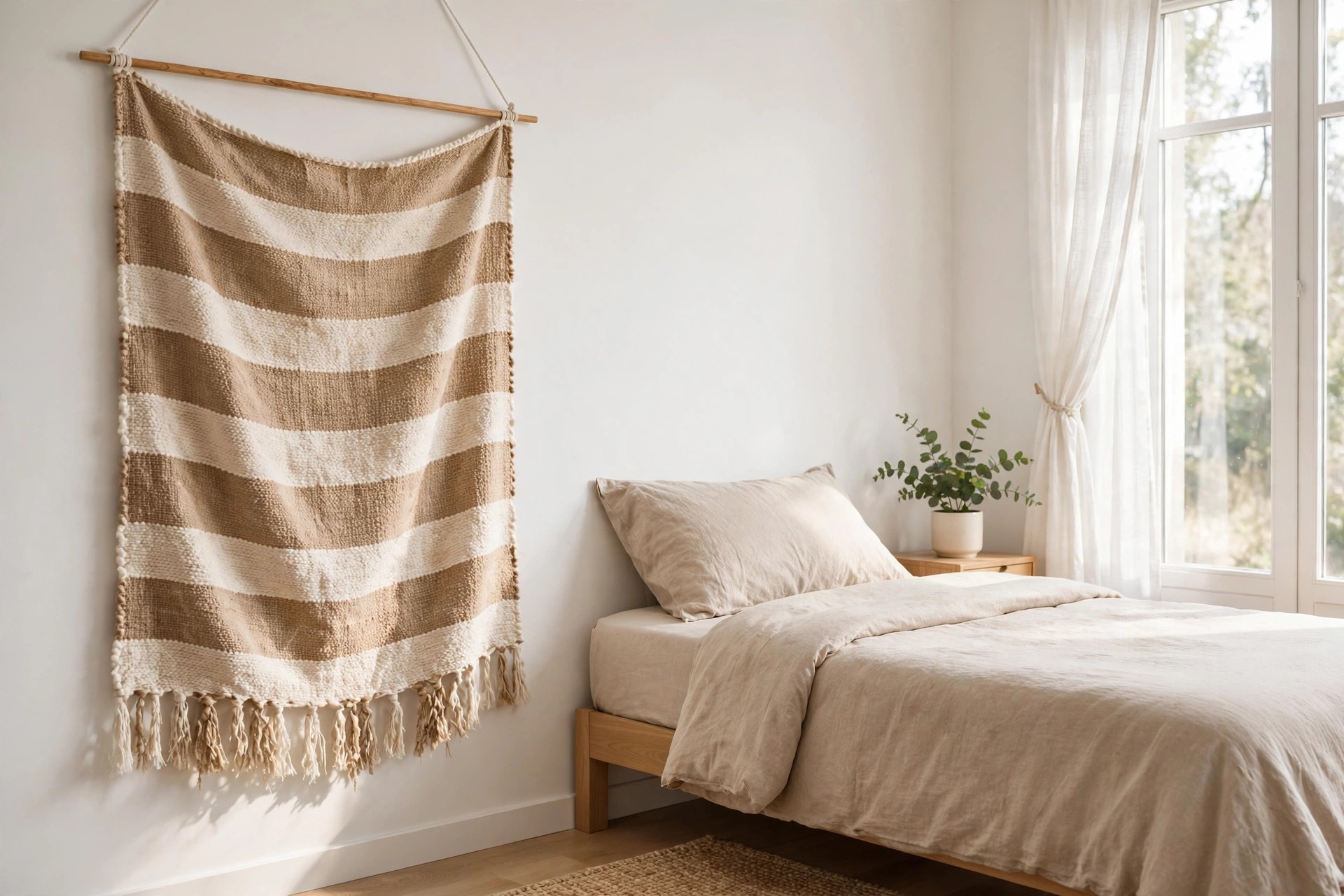 Woven wall hanging with sand and cream stripes on a wood dowel beside a beige bed