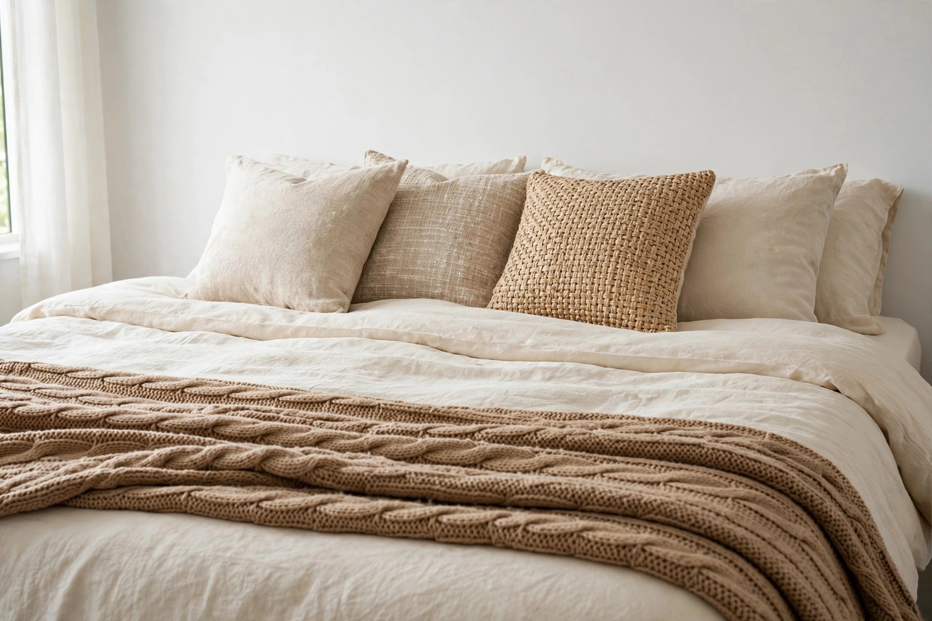 Cream bed with a chunky camel cable knit throw and cushions in linen and woven textures