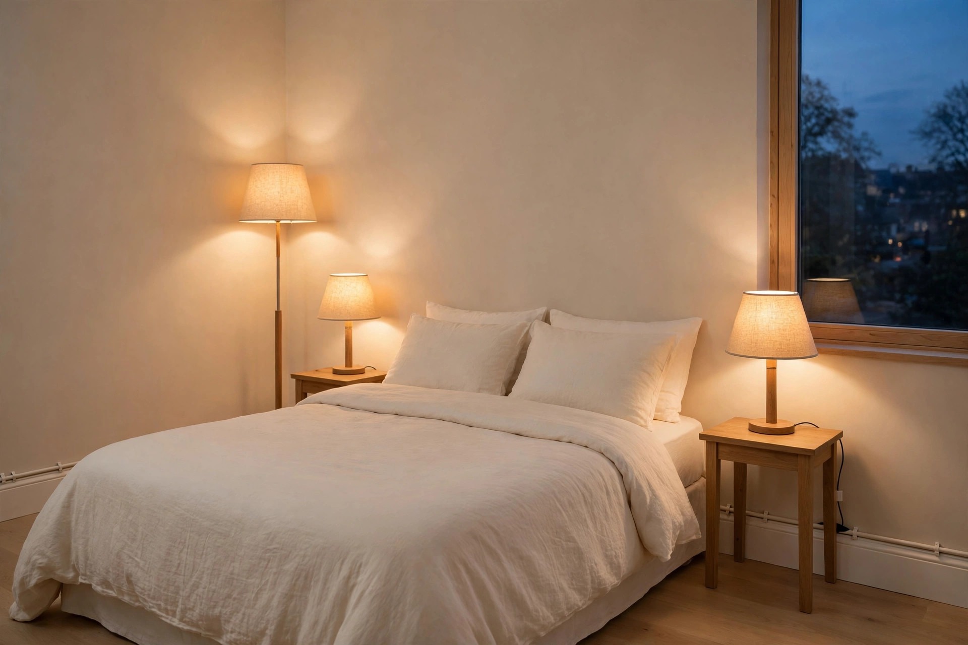 Bedroom at dusk with two linen shade table lamps and a floor lamp glowing warm beside a cream bed