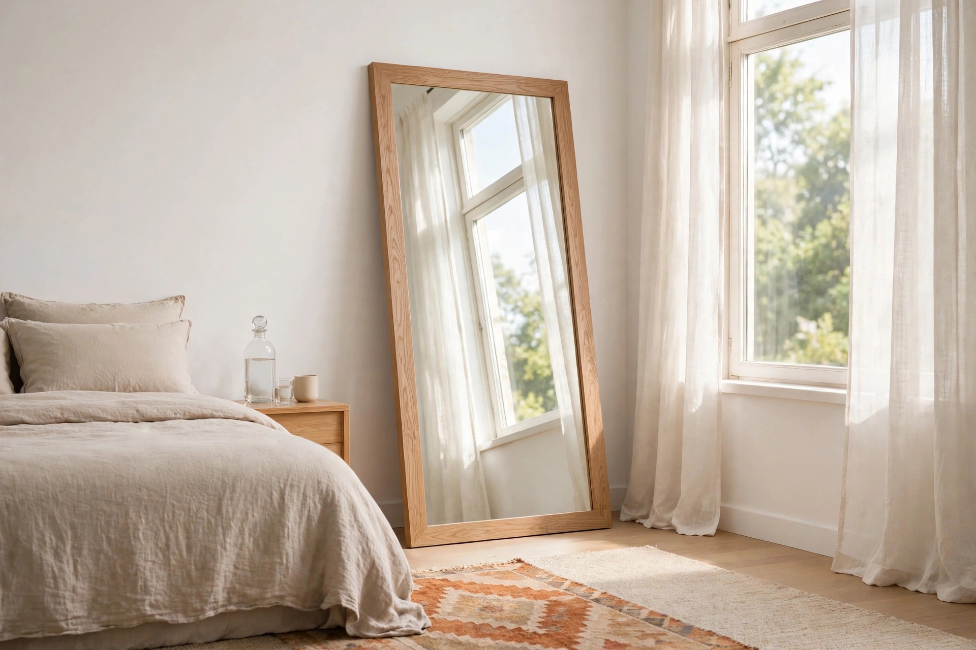 Large mirror in a light oak frame leaning against a white wall and reflecting the window beside a beige bed