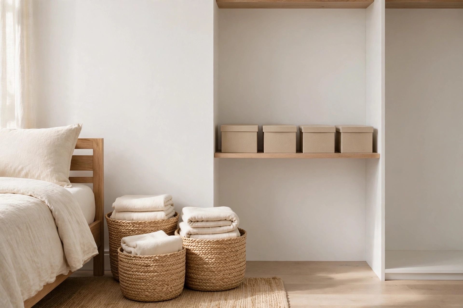 Woven baskets with folded cream blankets beside a bed and lidded beige boxes on a closet shelf