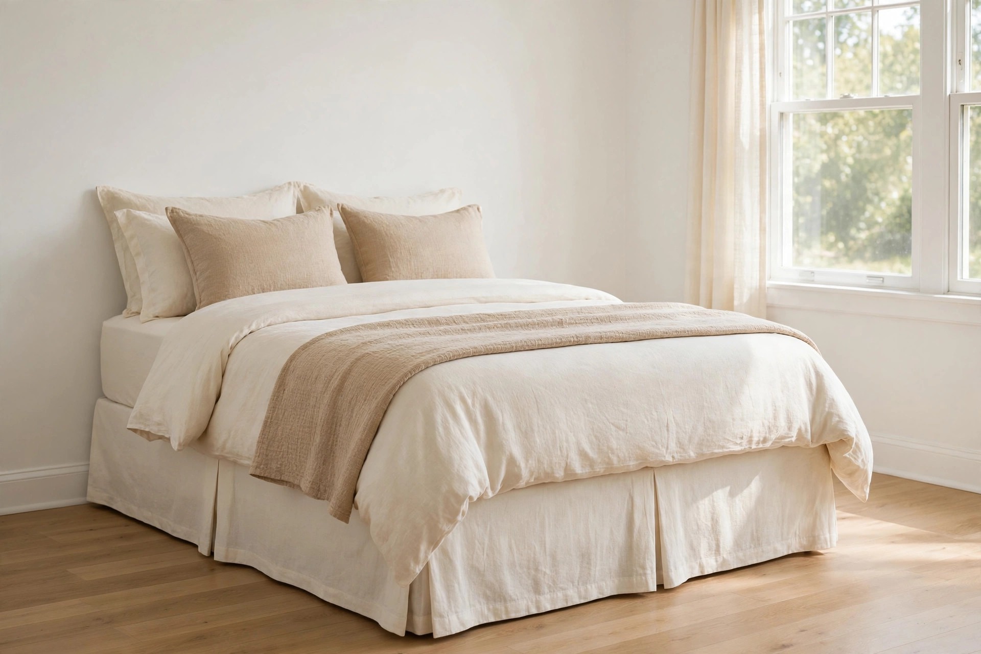 Bed with cream and sand bedding and a plain warm cream bed skirt covering the frame to the floor