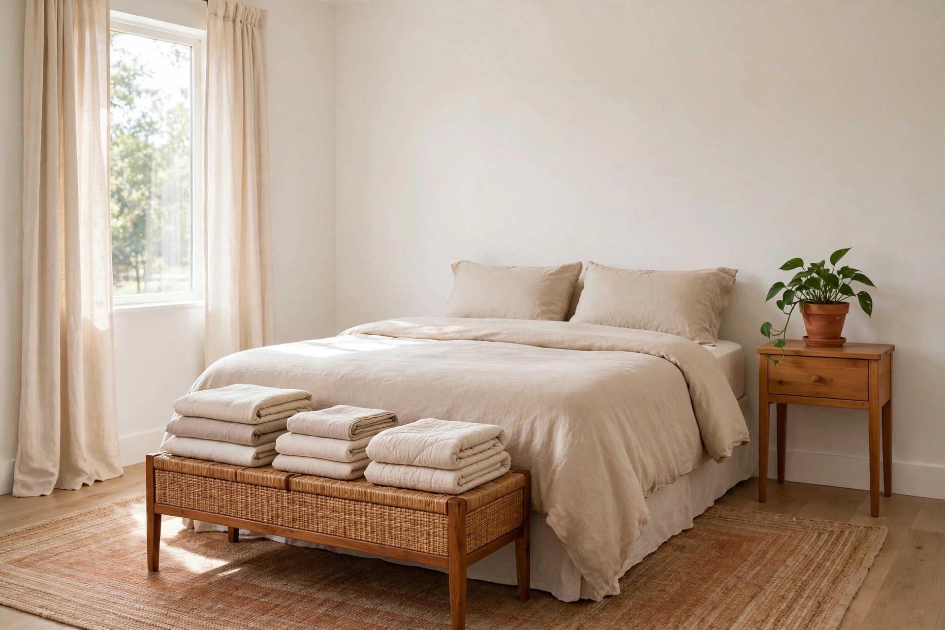 Finished beige bedroom with a woven storage bench holding folded bedding at the foot of the bed and a plant in a clay pot on the nightstand