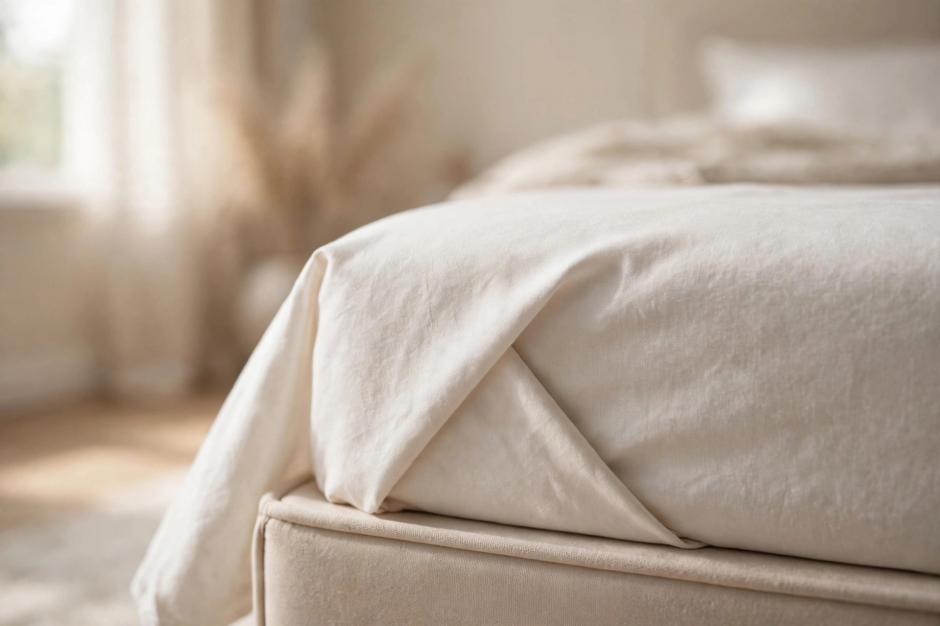 Close view of a neat angled hospital corner fold in cream sheet fabric at the foot of a bed