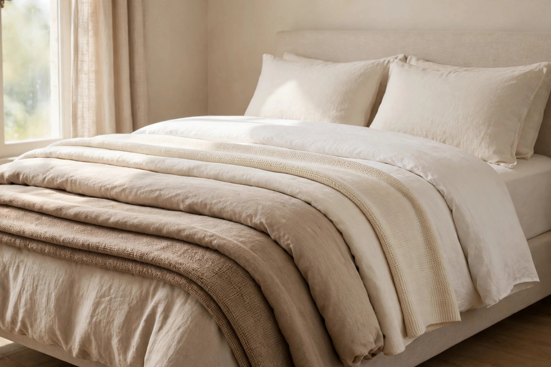 Bed with bedding in steps of tone from white at the top to cream, oat and sand layers toward the foot