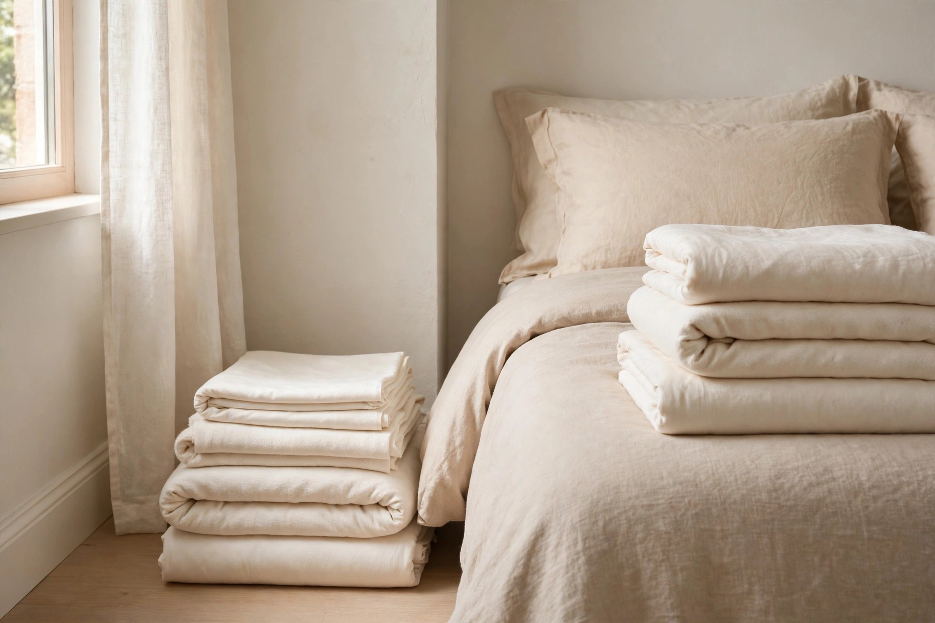 Neatly folded stacks of cream and warm white bedding beside a made beige bed near a window
