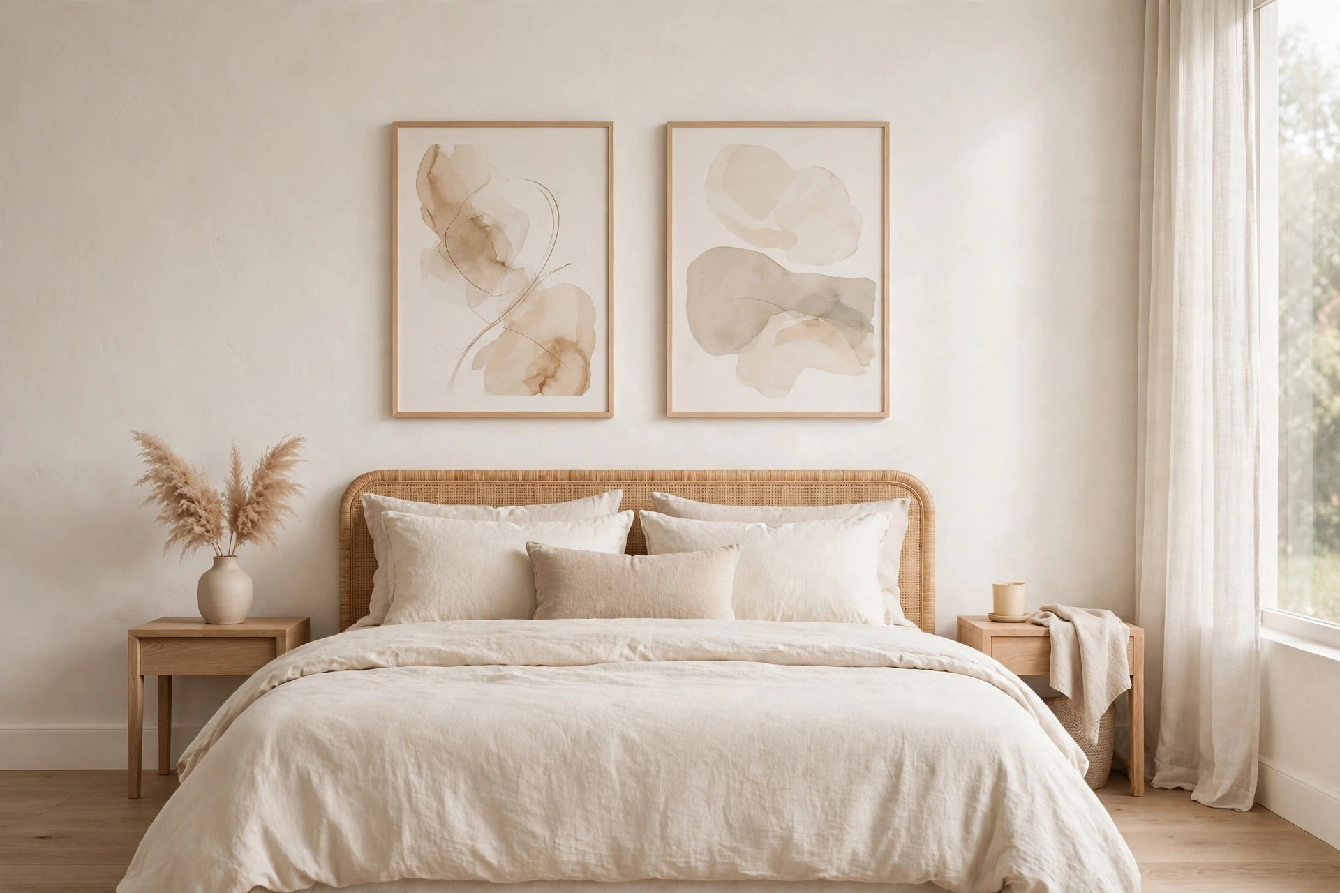 Two soft abstract prints in oat and sand tones hanging side by side above a rattan headboard bed