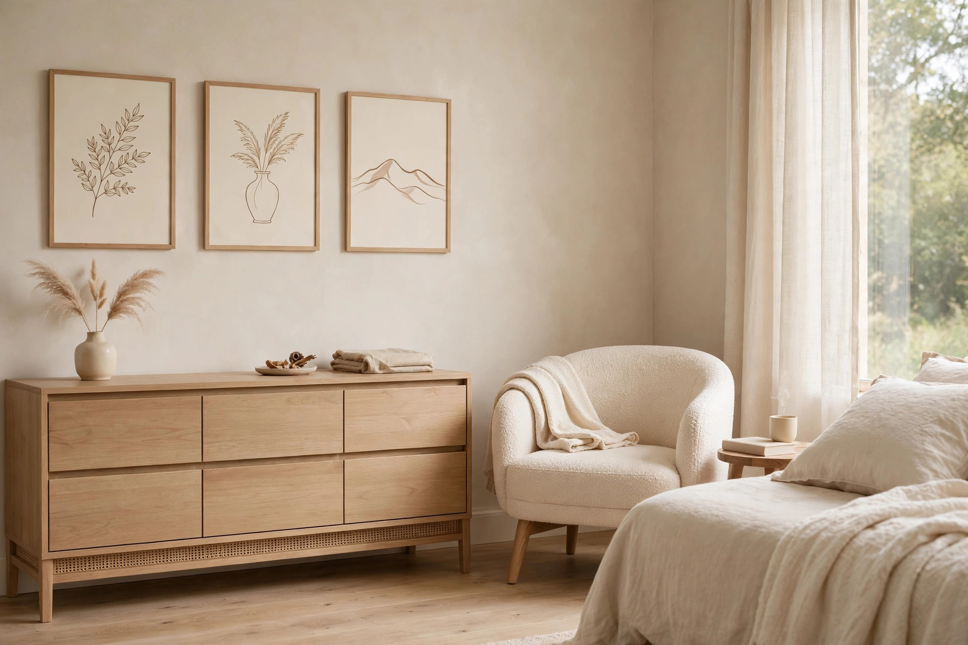 Three simple line art prints on cream paper in thin frames above a light wood dresser, next to a cream reading chair