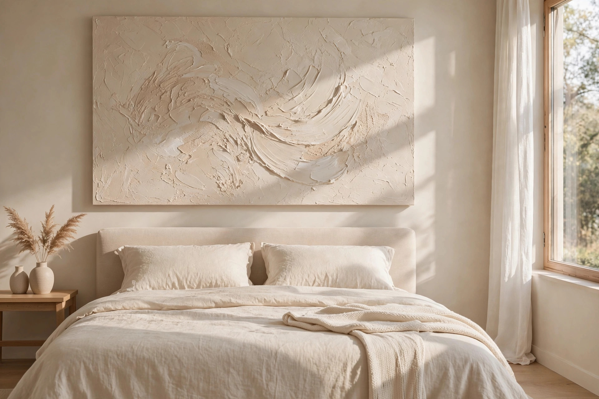 Large beige textured canvas with thick raised strokes above a cream bed, lit by side window light