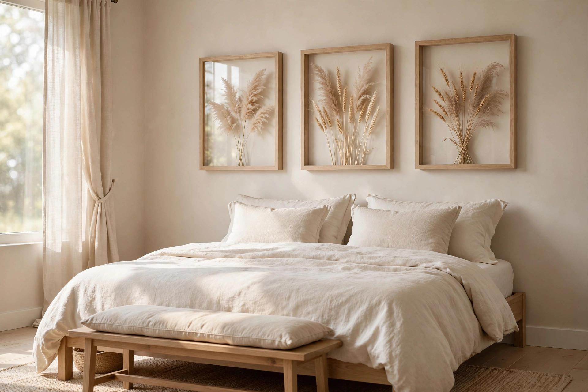 Three light wood frames holding dried pampas and wheat stems behind glass above a cream bed with a bench