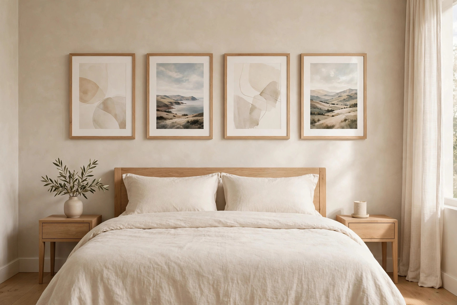 Four matching light oak framed prints, abstract and landscape, in a row above a wood headboard bed