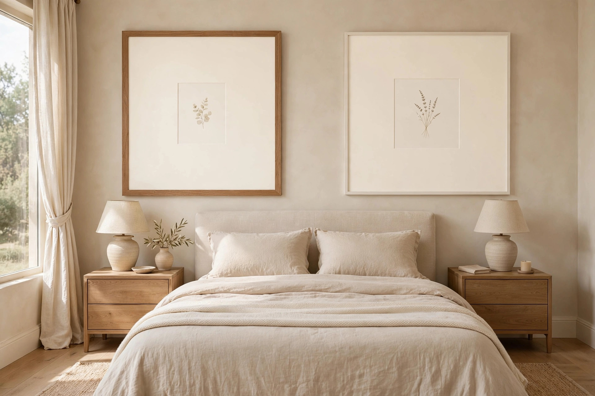 Two very large frames with wide cream mats and small botanical prints in the center above a bed