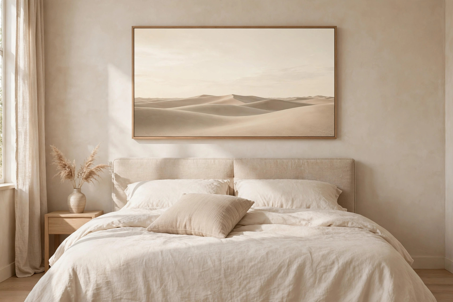 One wide framed print of pale sand dunes under a cream sky above a linen headboard