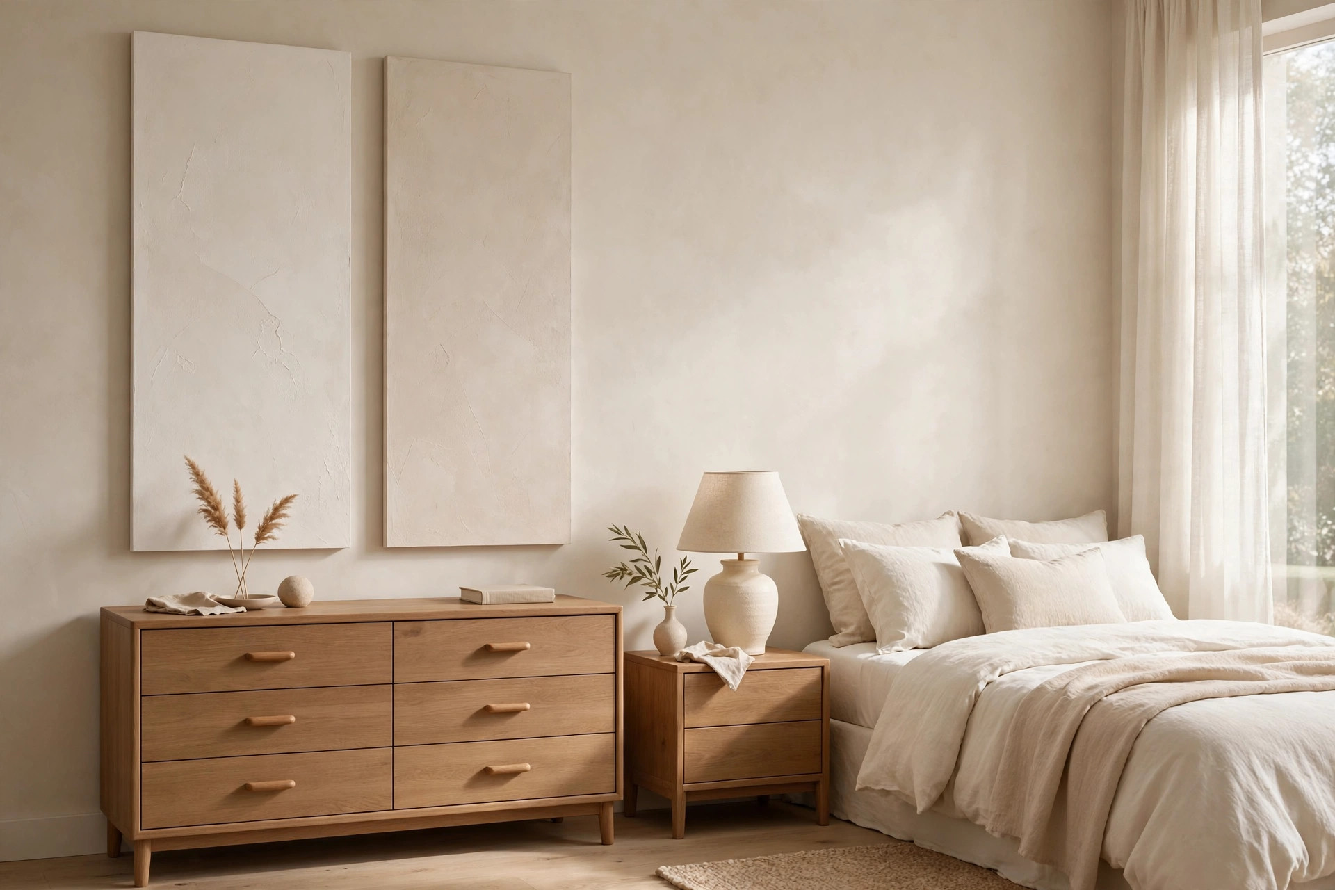 Two tall matte plaster look panels in warm white above a light oak dresser beside a bed