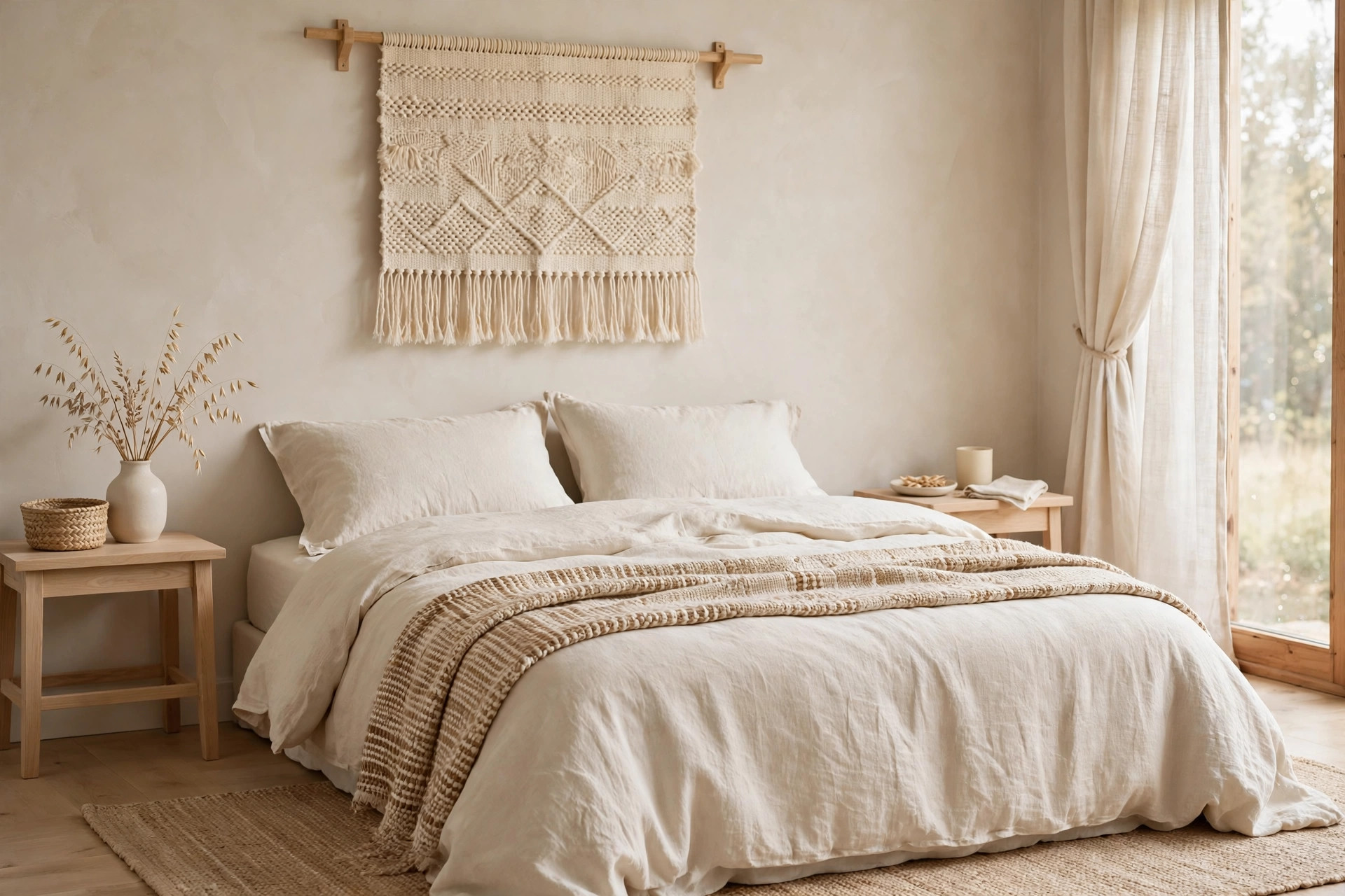 Woven cream wall hanging with fringe on a wood dowel above a bed with a textured beige throw