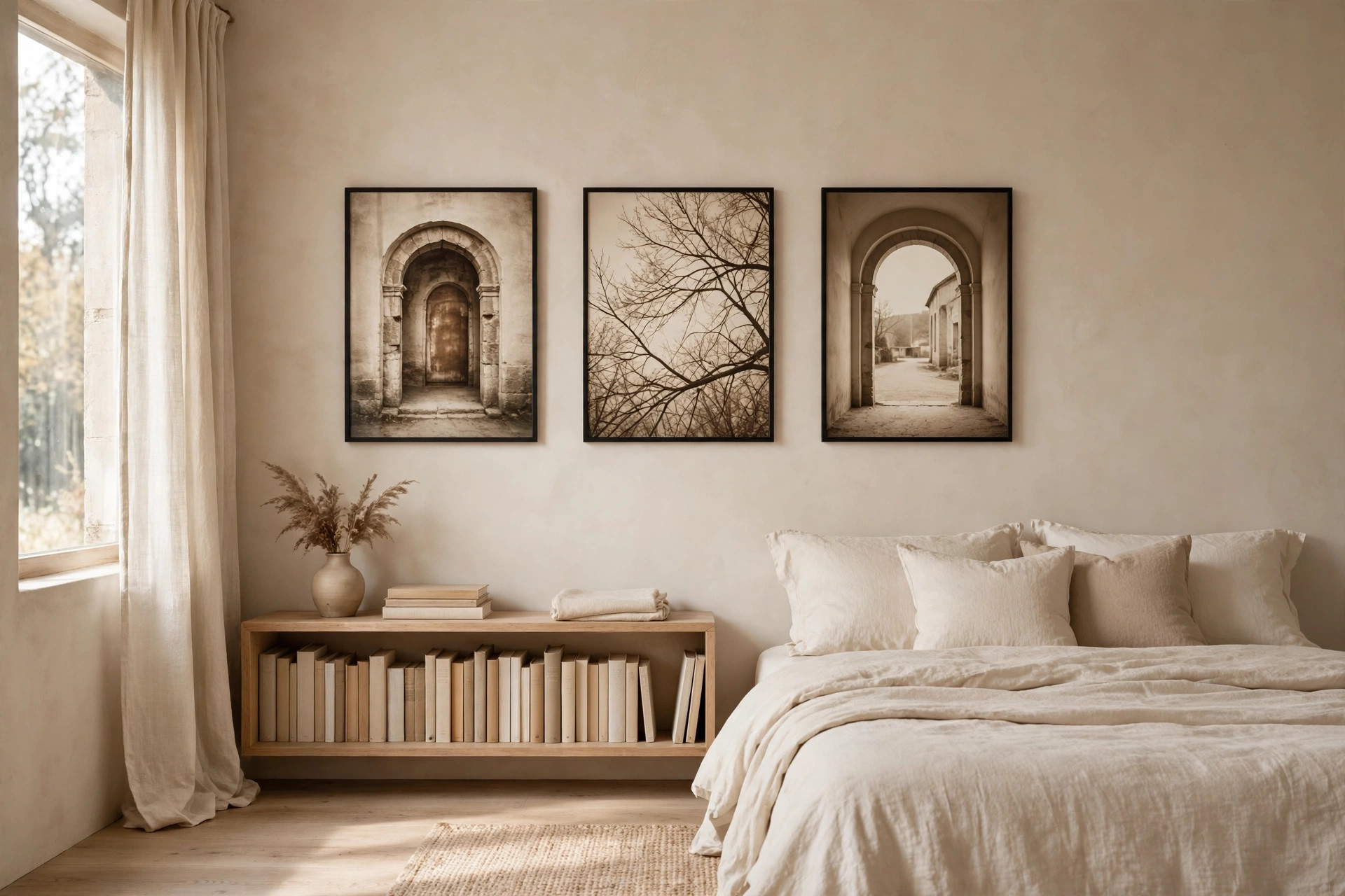 Three sepia photographs of arched doorways and bare branches in slim dark frames above a low bookcase