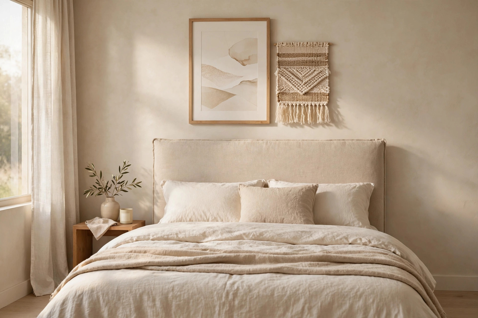 Framed cream and sand print beside a small woven textile hanging above a tall linen headboard