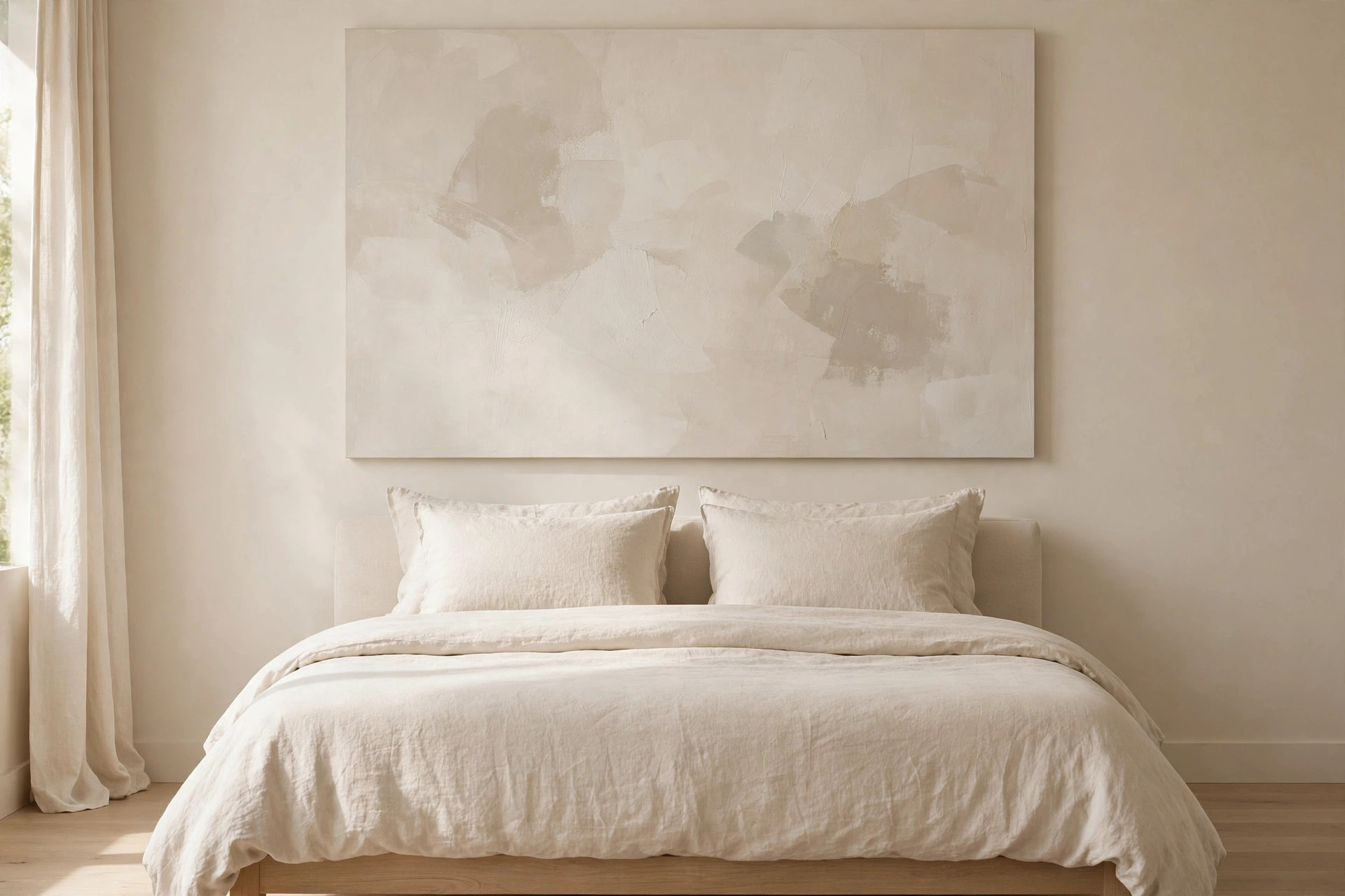 One very large pale abstract canvas in cream and beige above a plain cream bed