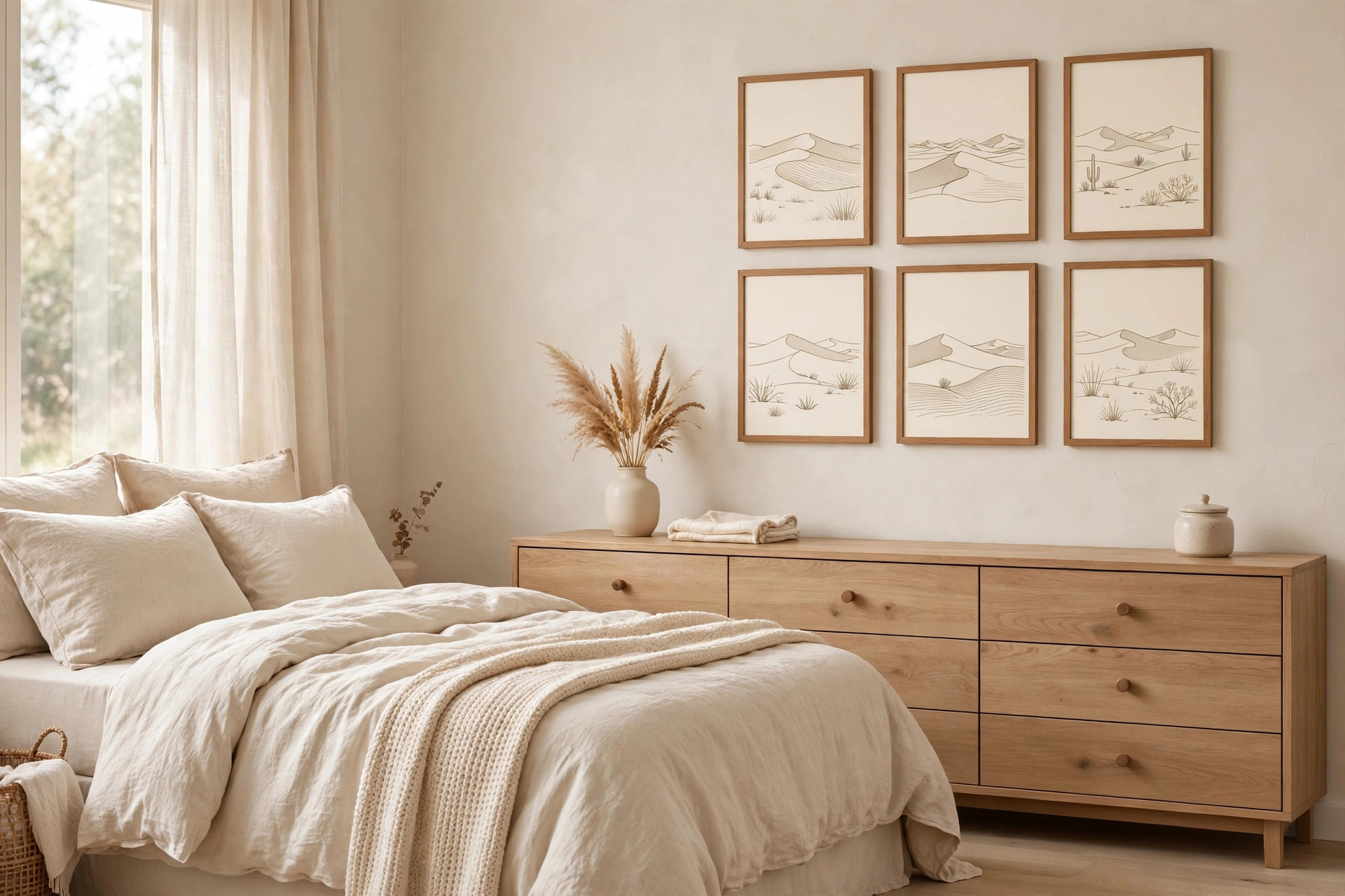 Grid of six small matching framed dune line prints in two rows above a long oak dresser