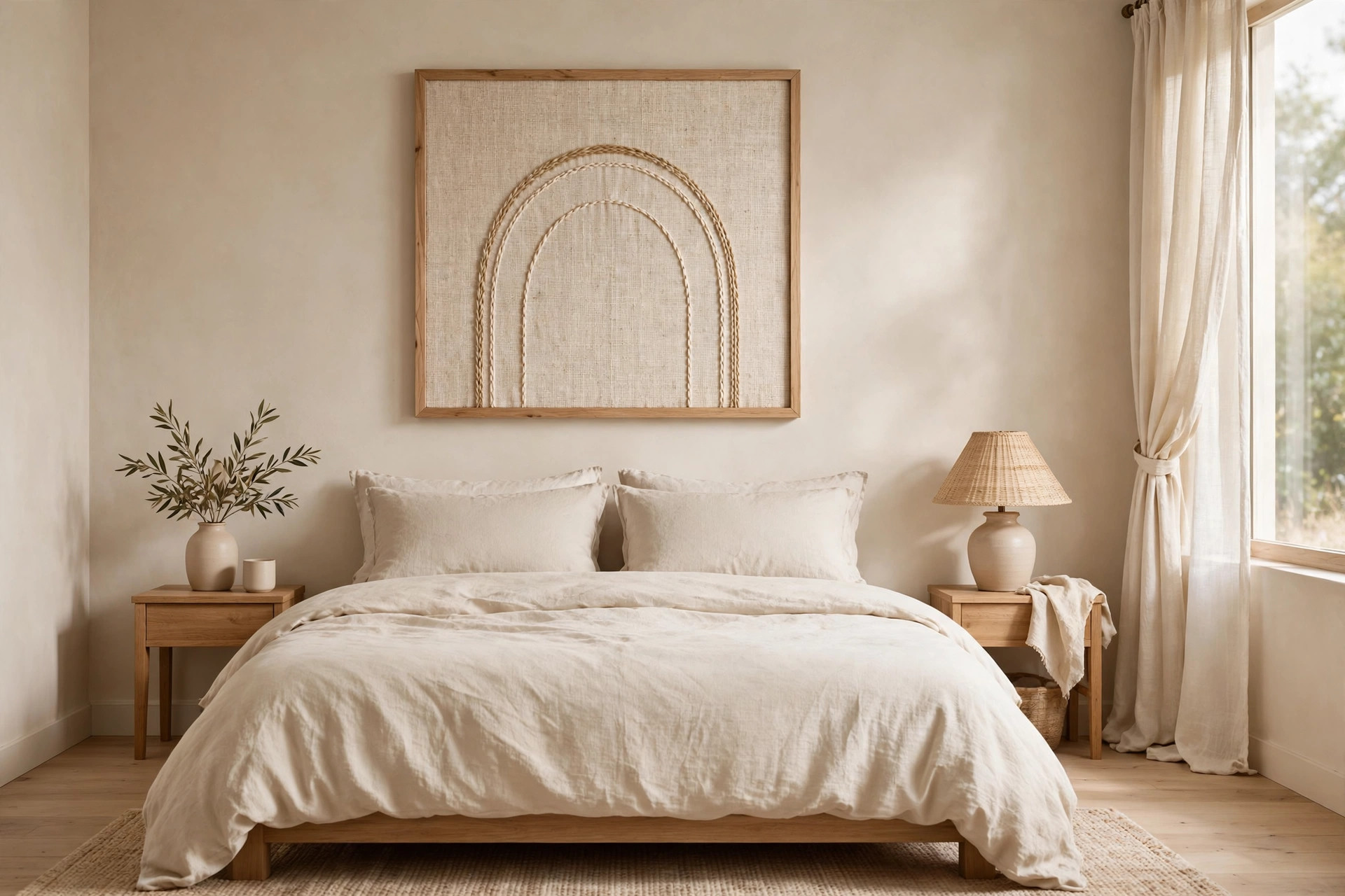 Large framed natural linen fabric art with a stitched arch design above a cream bed