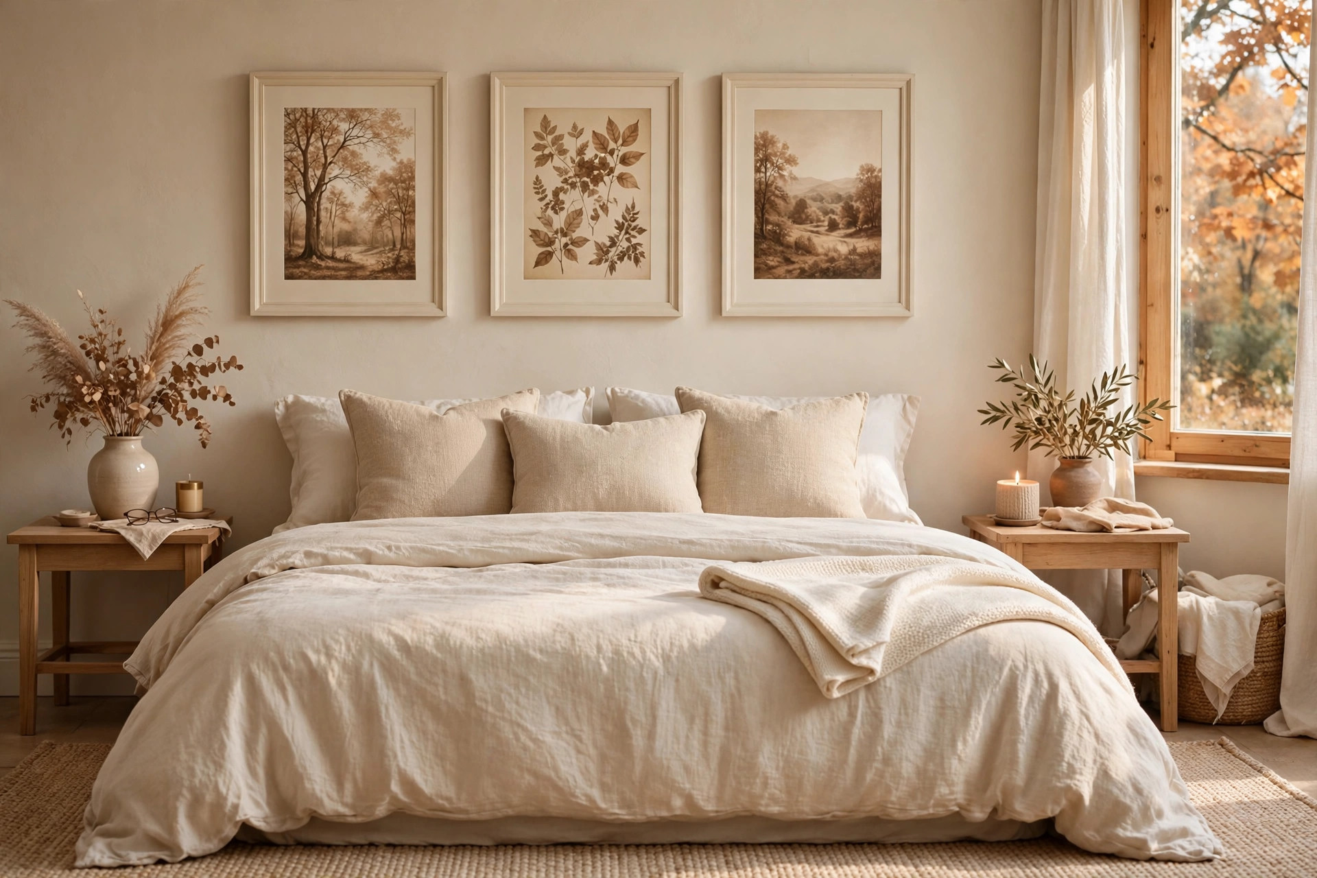 Three cream framed sepia autumn prints of trees and leaves above a beige bed in warm fall light