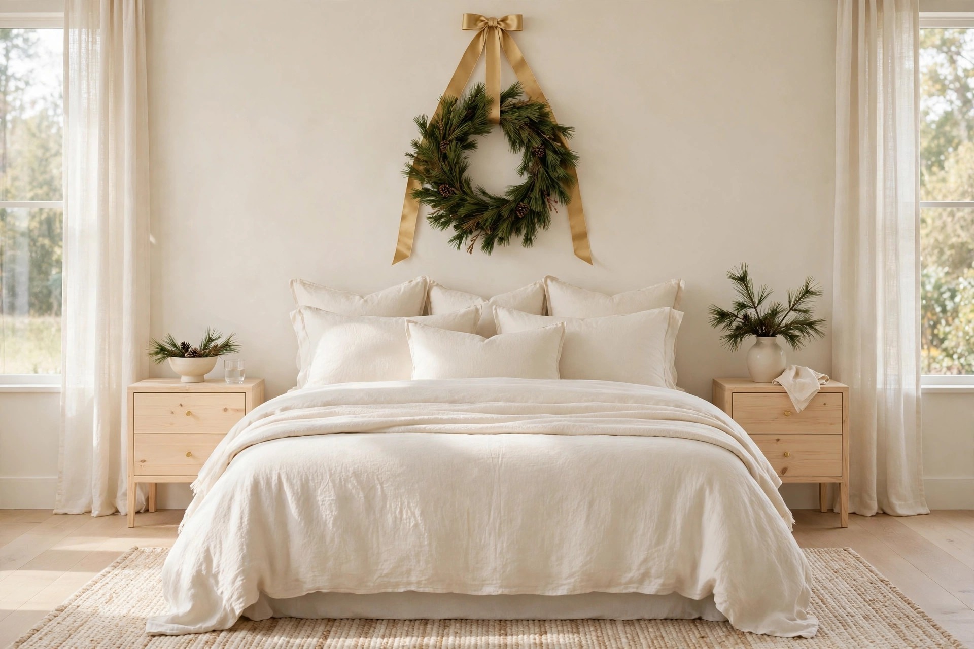 Plain pine wreath hanging above a cream bed on a wide gold ribbon with a bow