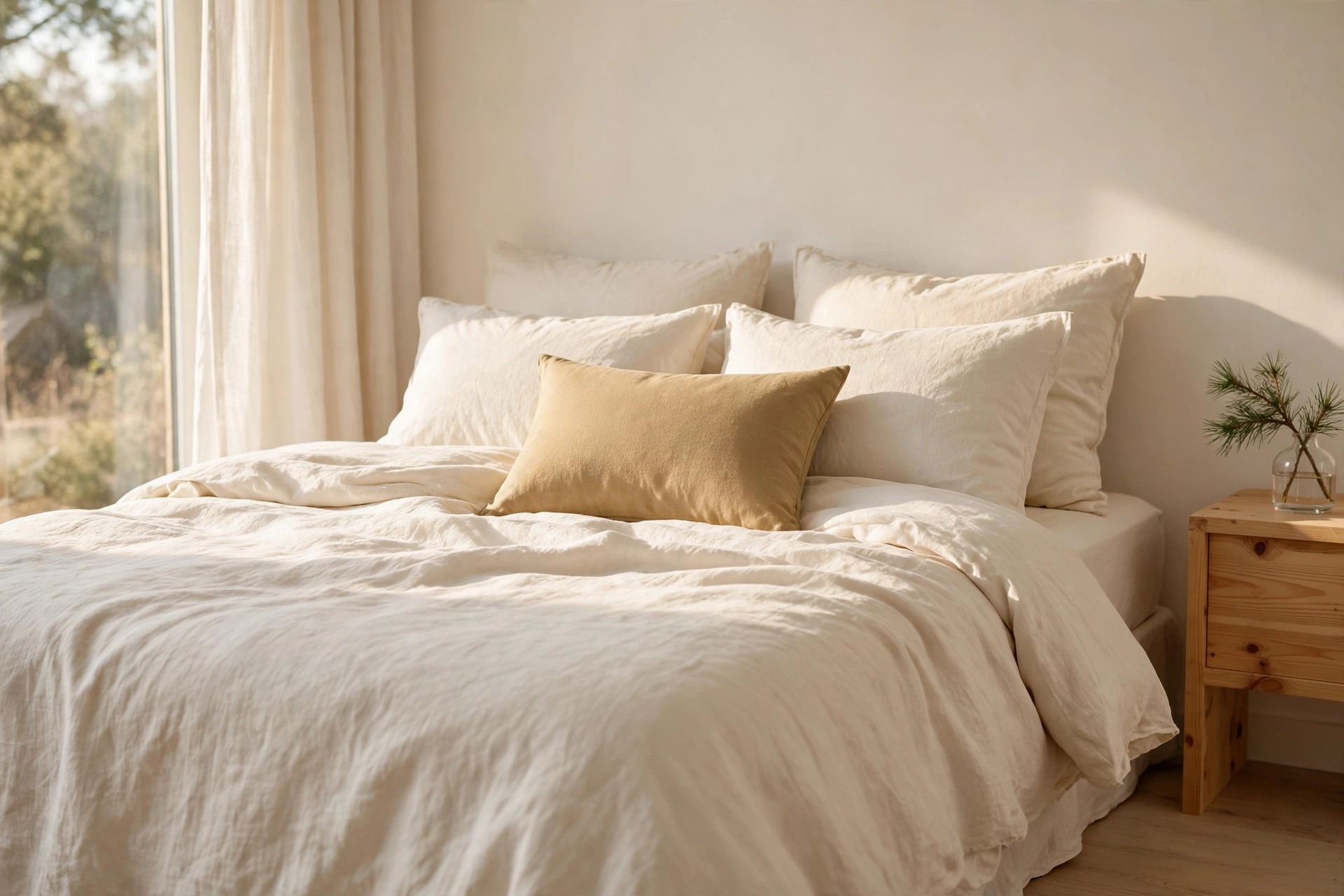 Cream bed with one matte gold cushion at the front center and a pine sprig in a glass vase on the nightstand