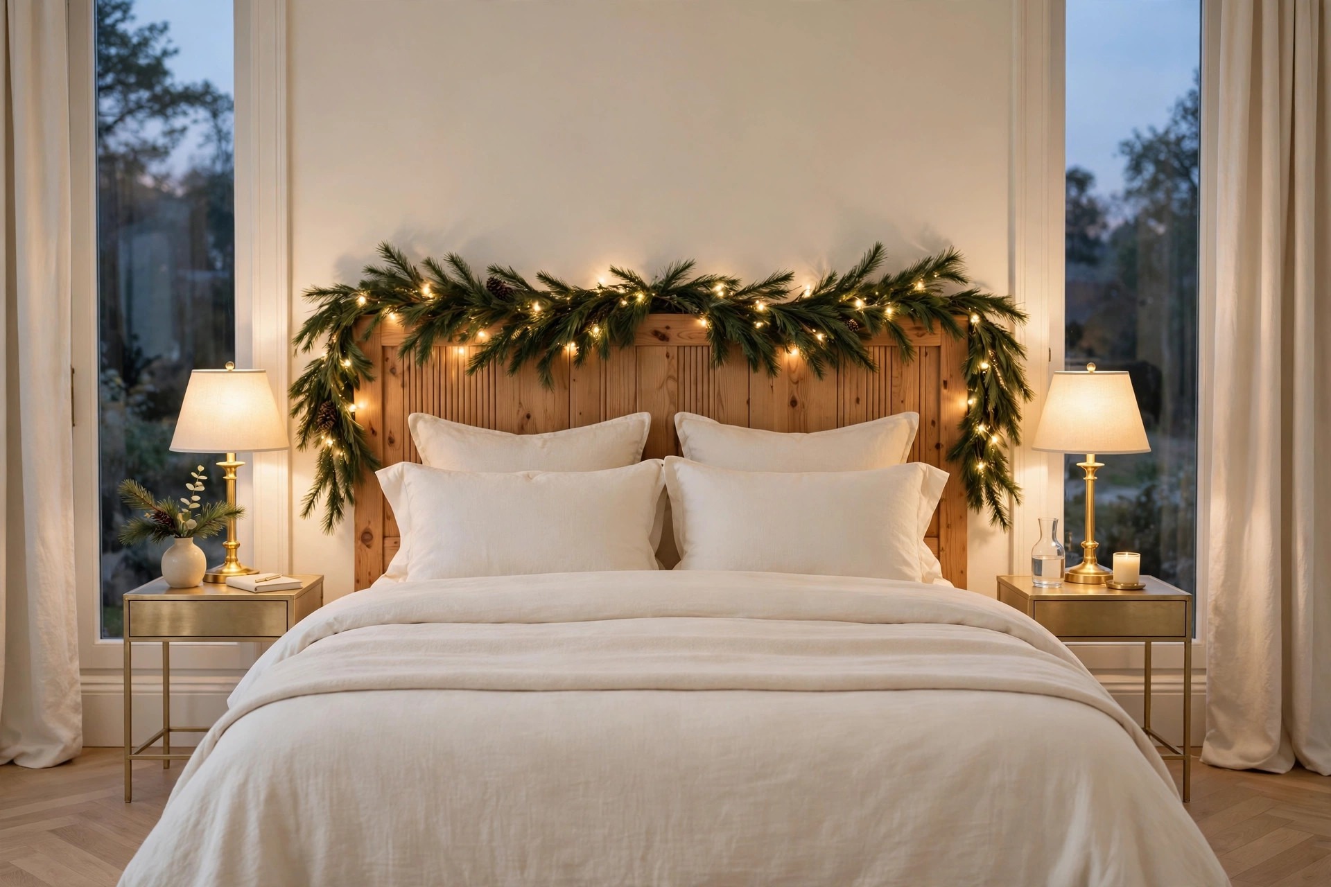 Cream bed at dusk with warm white lights glowing inside a pine garland on a wood headboard and gold lamps on both nightstands