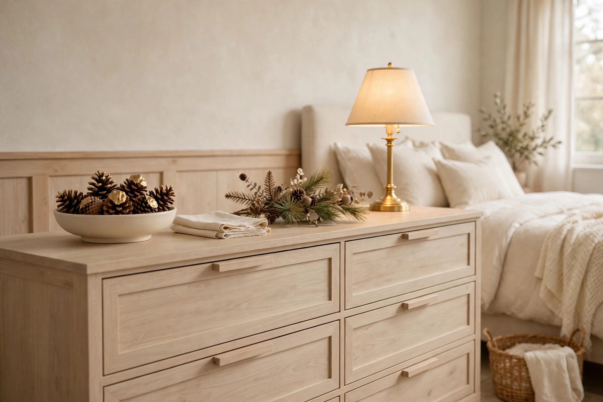 Low cream bowl of pinecones with a few gold tipped cones on a light wood dresser beside a brass lamp