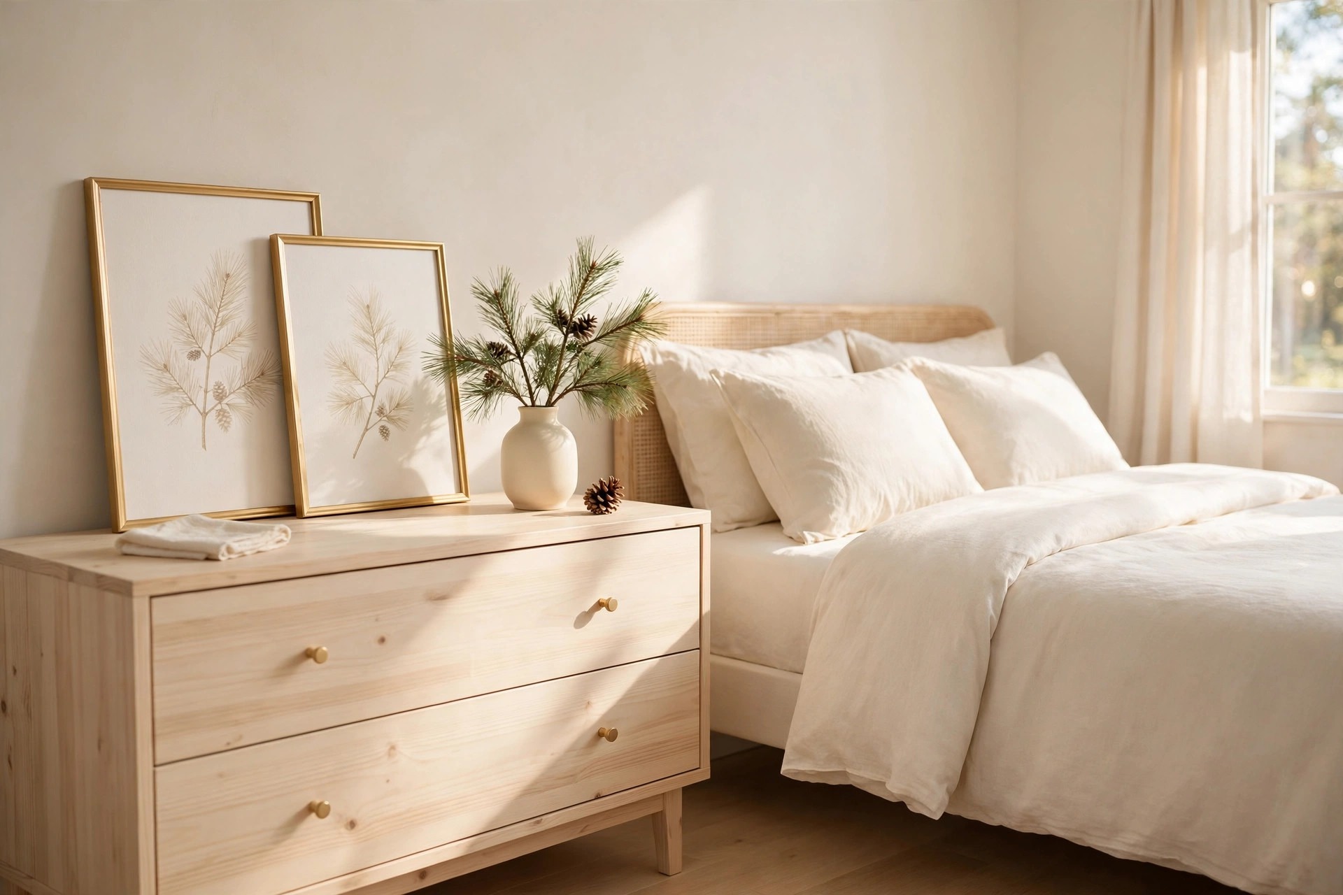 Two gold frames with cream pine branch prints leaning on a light wood dresser beside a cream vase of pine sprigs and a tidy cream bed