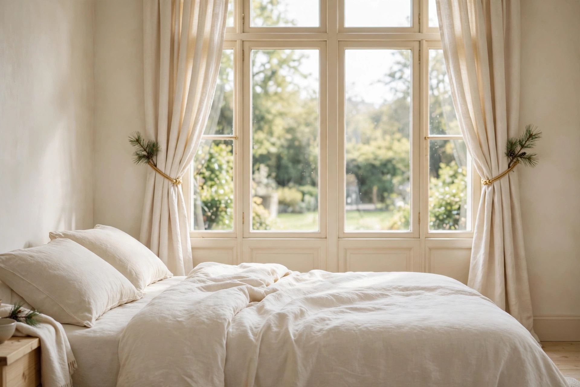 Cream curtains tied back with gold cord and small pine sprigs at tall bedroom windows above a cream bed