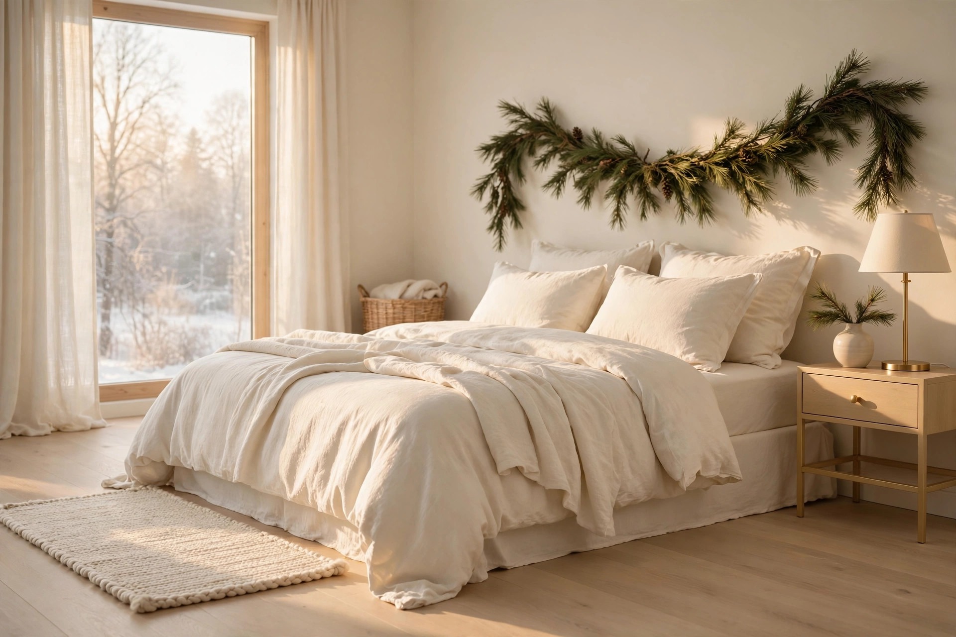 Plain cream woven rug beside a cream bed with a pine garland on the wall and a snowy window