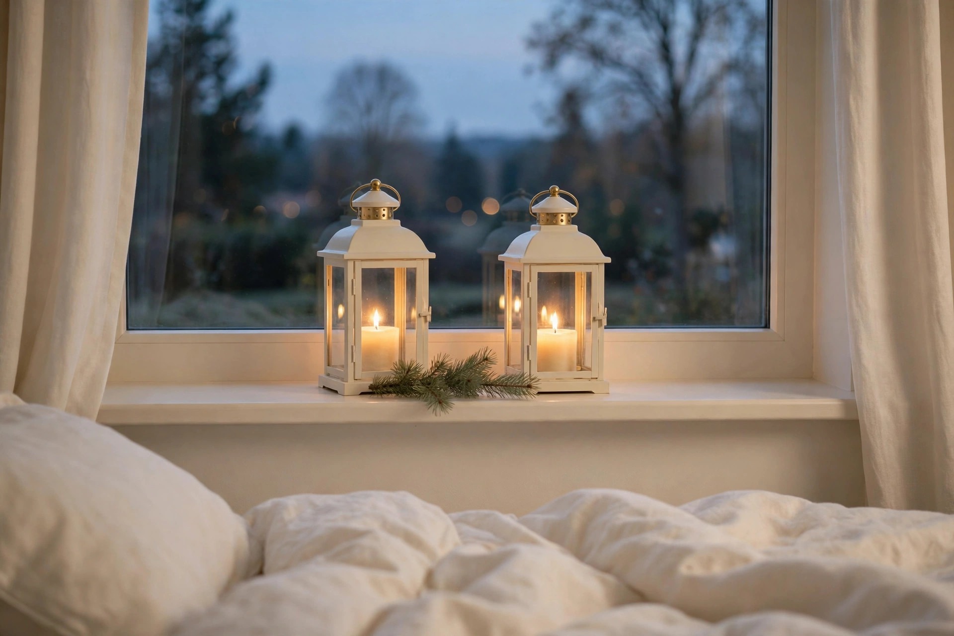 Two cream lanterns with lit candles and a pine sprig on a bedroom window sill at dusk above cream bedding