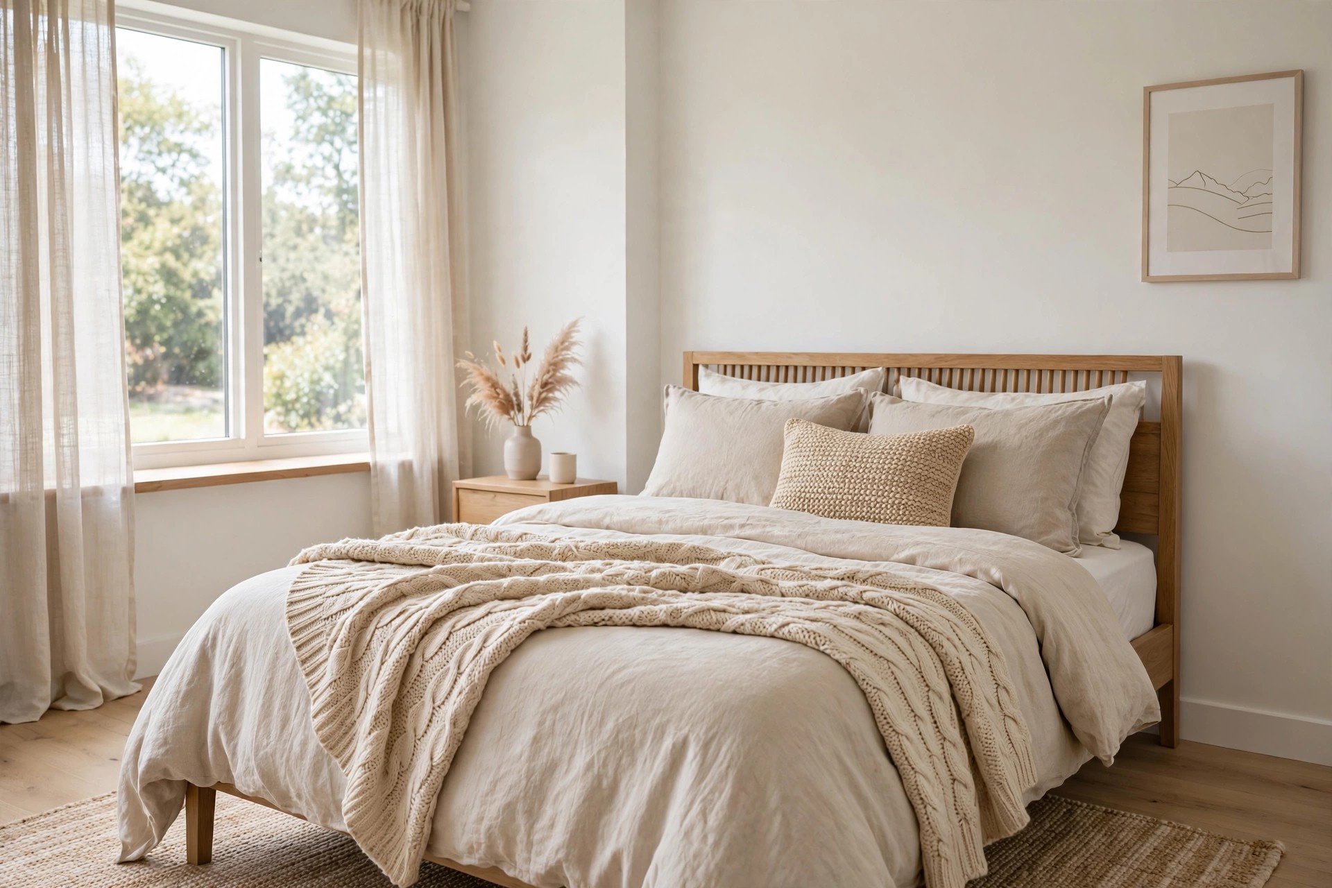 A bed layered with linen, a cable-knit throw and a woven cushion.