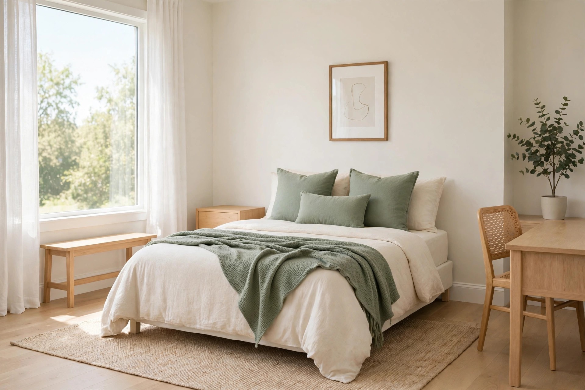 A cream bed with sage-green cushions and throw as the single accent color.